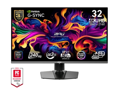 Монитор MSI MPG 322URX QD-OLED, 31.5", 0.03ms, 240Hz, Flat, 3840x2160 UHD, 16:9, G-Sync Compatible, HDR True Black 400, 450 nits, 99% DCI-P3, AG, 1.5M:1, 100M:1, DP(2.1a), 2xHDMI 2.1, 1xTypeC DP alt. w/PD (98W), USB HUB, Pivot, Heigh Adj., VESA, Black, 9.
