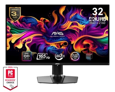 Монитор MSI MAG 321UP QD-OLED, 32", 0.03ms,165Hz, 3840x2160 (UHD), 16:9, Flat, Oled Care 2.0, FreeSync Premium Pro, Clear MR 9000, AR, 250 nits, DCR 150M:1, DP(1.4a), 2xHDMI 2.1, 1xTypeC DP alt. w/PD (15W), Pivot, Heigh Adj., Black, 9.1kg
