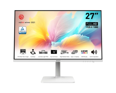 Монитор MSI Modern MD2712PW, 27", 100Hz, 1ms, IPS, 1920x1080 (FHD), 16:9, Flat, HDR Ready, EyesErgo, AG, MSI Display Kit, 117% sRGB, 300 nits, 1000:1, RedDot Winner, 1xHDMI1.4, 1xTypeC DP alt. w/PD (15W), Speakers 2x3W, Pivot, Heigh Adj., VESA, White, 5.8