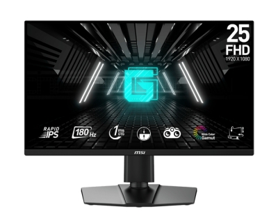 Монитор MSI G255PF E2, 24.5", 1ms, 180Hz, RAPID IPS, 1920x1080 (FHD), 16:9, FLAT, AMD FreeSync, 78% DCI-P3, AG, 300 nits, 1000:1, DCR 100M:1, DP(1.2a), 2xHDMI 2.0b, 2x2W Speaker, Pivot, Heigh Adj., VESA, Black, 5.3kg