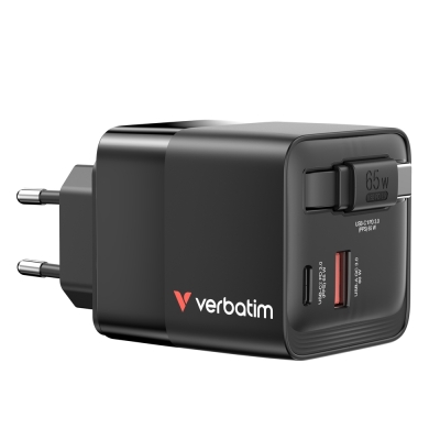 Зарядно устройство Verbatim Mini GaN Charger 65W 2 Port retractable cable display US plugs with EU and UK adaptors