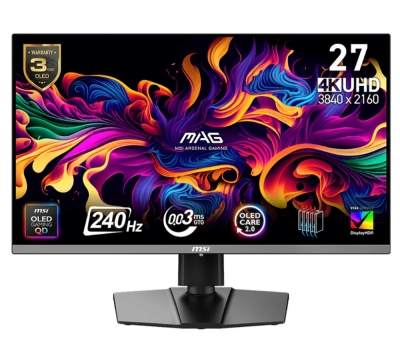 Монитор MSI MAG 272UP QD-OLED X24, 0.03ms, 240Hz, 3840 x 2160 (UHD), 16:9, NVIDIA G-SYNC, 99% DCI-P3, VESA DisplayHDR True Black 400, AG, DP(1.4a), 2xHDMI 2.1, TypeC (DP alt. w/15W PD), Pivot, Heigh Adj., VESA, Black, 8kg