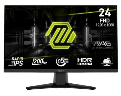 Монитор MSI MAG 242F, 23.8", 0.5ms, 200Hz, Rapid IPS, 1920x1080 (FHD), 16:9, AMD FreeSync Premium, 89% DCI-P3, AG, HDR Ready, 300 nits, 1000:1, DCR 100M:1, DP(1.2a), HDMI 2.0b, Tilt, VESA, Black, 3kg
