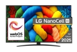 Телевизор LG 50NANO81A3A, 50" 4K HDR Smart Nano Cell TV, 3840x2160, DVB-T2/C/S2, AI Alpha 7, HDR 10 PRO, webOS 25, ThinQ AI, VRR, ALLM, HGiG, WiFi, Clear Voice, AI Upscaling, Bluetooth, Hdmi e-ARC , CI, LAN, AirPlay2, Chromecast, 2 Pole stand, Black